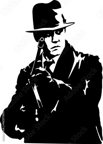 man in a black suit and a hat with a gun in his hand