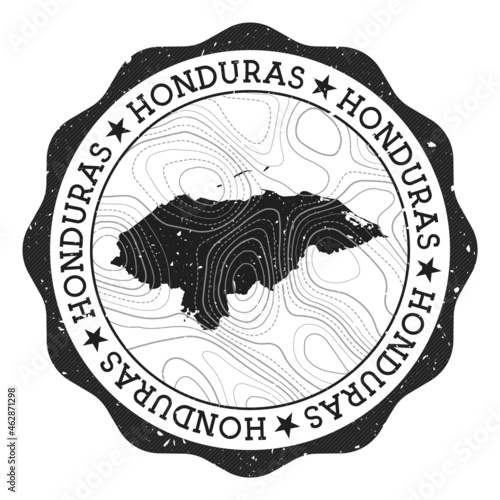 Honduras outdoor stamp. Round sticker with map of country with topographic isolines. Vector illustration. Can be used as insignia, logotype, label, sticker or badge of the Honduras.