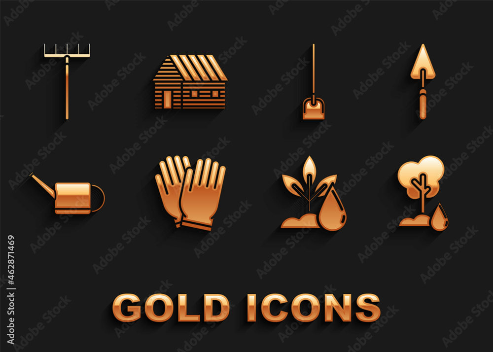 Set Garden gloves, trowel spade or shovel, Watering Tree, plant, can, Shovel, rake and Farm house icon. Vector Set Garden gloves, trowel spade or shovel, Watering Tree, plant, can, Shovel, rake and Farm house icon. Vector