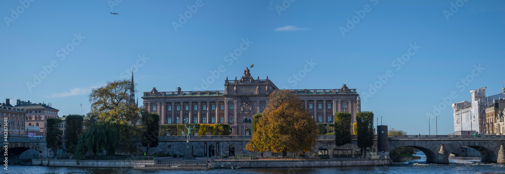 Color full autumn view over the Swedish Parliament building on the island Helgeandsholmen in Stockholm