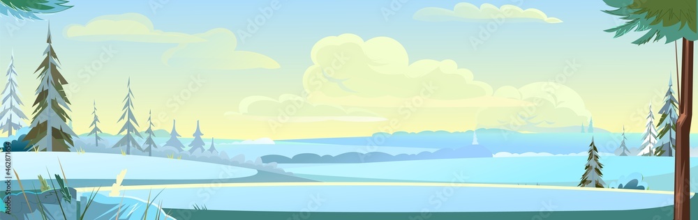 Wide rural landscape in winter. Fields in the snow and drifts. Strong frost. Rustic garden and hills. Pine trees. Illustration in cartoon style flat design. Vector
