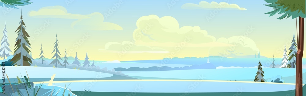 Wide rural landscape in winter. Fields in the snow and drifts. Strong frost. Rustic garden and hills. Pine trees. Illustration in cartoon style flat design. Vector Wide rural landscape in winter. Fields in the snow and drifts. Strong frost. Rustic garden and hills. Pine trees. Illustration in cartoon style flat design. Vector
