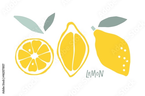 Abstract Lemon fruit, childish hand drawn doodle sketch isolated on white background. Flat vector illustration Food template for menu, lemon juice label, tea tag. Citrus whole fruit, half and slice. 