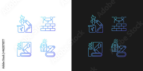 Automation in different industries gradient icons set for dark and light mode. Robotic assistance. Thin line contour symbols bundle. Isolated vector outline illustrations collection on black and white