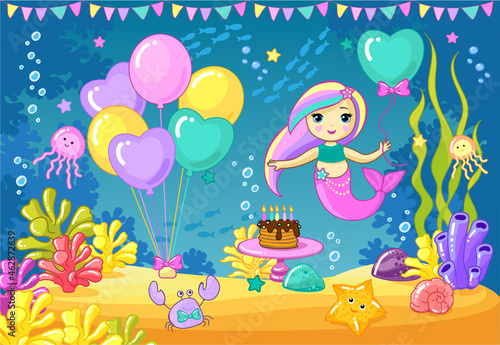 Cute little mermaid. Birthday of the little mermaid, holiday, underwater world, children's party, decor. Vector drawn illustration for kids design.