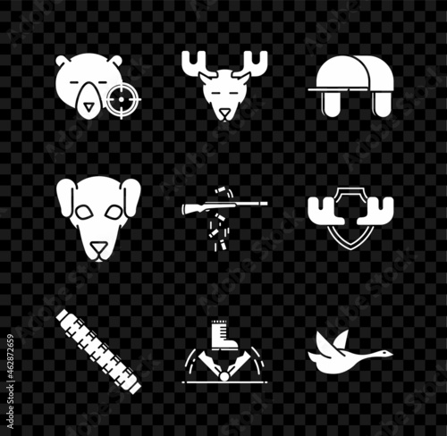 Set Hunt on bear with crosshairs, Moose head horns, Hunter hat, Hunting cartridge belt cartridges, Trap hunting, Flying duck, dog and Gun shooting icon. Vector