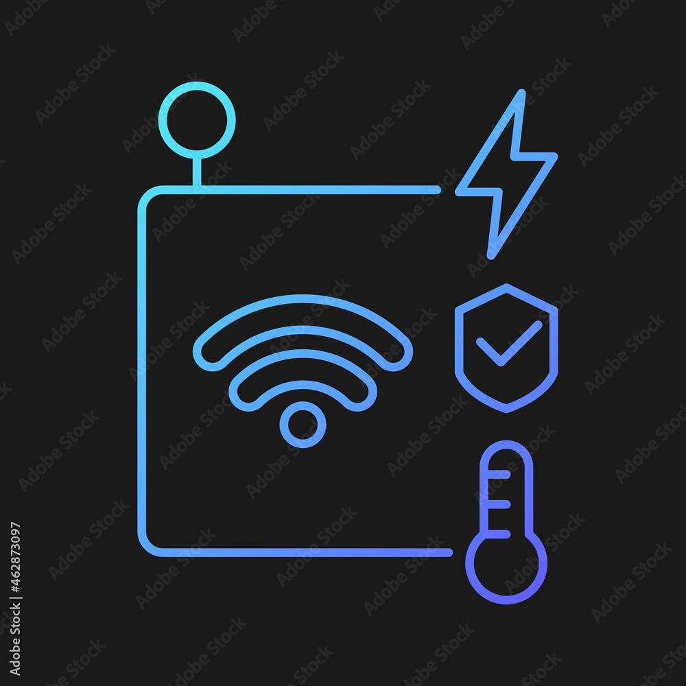 IoT sensors gradient vector icon for dark theme. Information transmission over wireless network. Smart security system. Thin line color symbol. Modern style pictogram. Vector isolated outline drawing IoT sensors gradient vector icon for dark theme. Information transmission over wireless network. Smart security system. Thin line color symbol. Modern style pictogram. Vector isolated outline drawing
