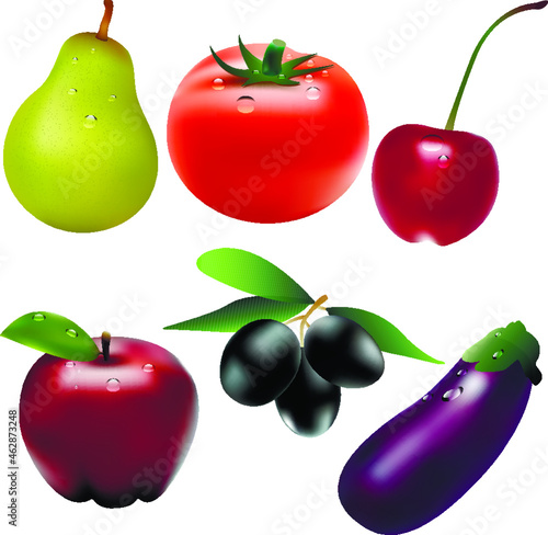 vegetables, fruits and berries isolated on white background