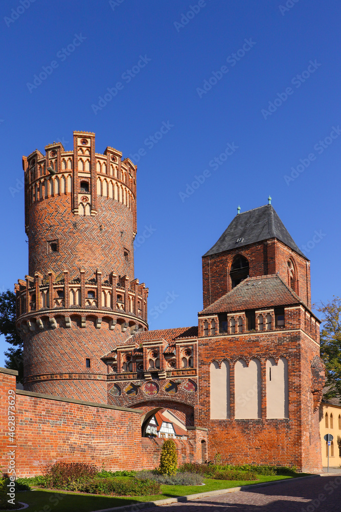 The Neustaedter gate (Neustädter Tor) with its historical coat of arms, Tangermuende, Saxony Anhalt - Germany