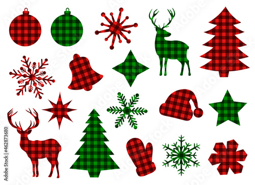 Set Christmas elements buffalo plaid vector illustration