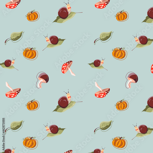 Autumn pattern with mushrooms  snail and leaf on blue background