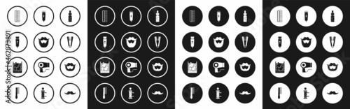 Set Glass bottle with a pipette, Mustache and beard, Electrical hair clipper or shaver, Hairbrush, Curling iron for, and of whiskey ice cubes icon. Vector