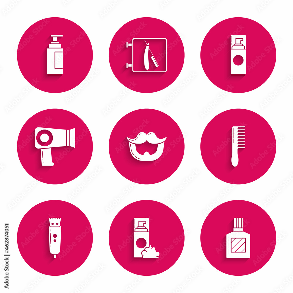 Set Mustache and beard, Shaving gel foam, Aftershave, Hairbrush, Electrical hair clipper or shaver, dryer, and Cream lotion cosmetic tube icon. Vector Set Mustache and beard, Shaving gel foam, Aftershave, Hairbrush, Electrical hair clipper or shaver, dryer, and Cream lotion cosmetic tube icon. Vector
