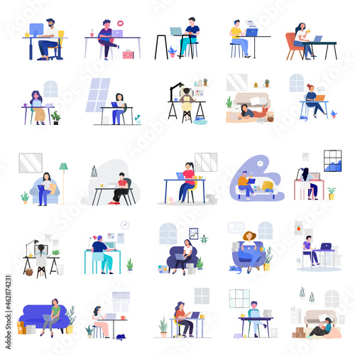 people icons.work from home.freelance working at home office.