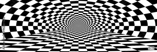 Abstract Black and White Pattern with Tunnel. Contrasty Optical Psychedelic Illusion. Smooth Checkered Spiral and Chessboard in Perspective. Vector. 3D Illustration