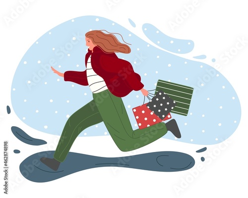 Christmas and Happy New Year winter holidays concept. The girl run with gifts. Vector illustration