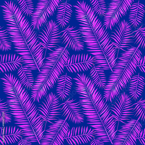 Seamless summer pattern with tropical palm leaves. Exotic background for fabric, wrapping, wallpaper. Red leaves on dark blue back.