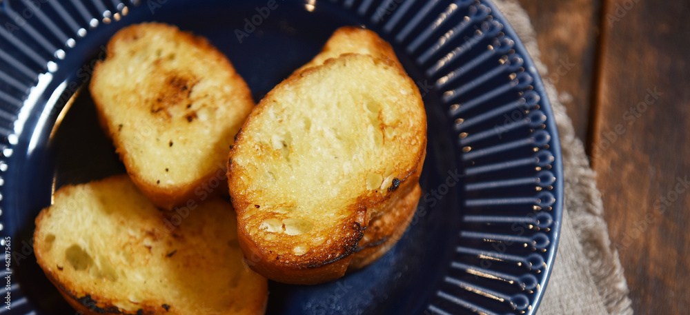 toasted croutons of white bread on the table toasted croutons of white bread on the table