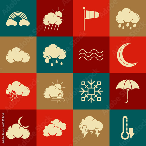 Set Thermometer, Classic elegant opened umbrella, Moon and stars, Cone meteorology windsock wind vane, Cloud with rain, Rainbow clouds and Waves icon. Vector