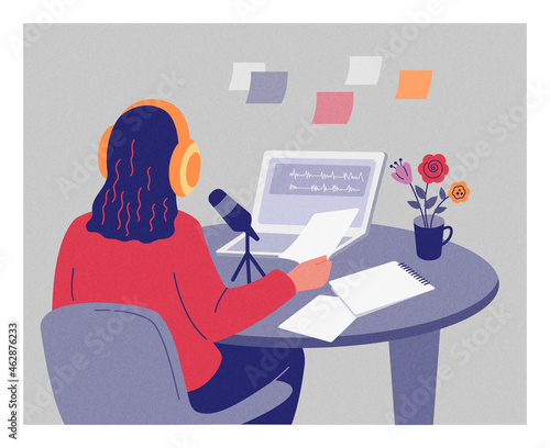 Woman sits at a table with headphones and records a podcast. Vector color illustration with grainy texture.