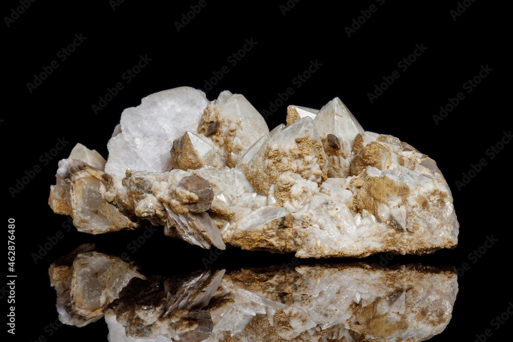 Macro mineral stone Snow quartz with calcite on a black background Macro mineral stone Snow quartz with calcite on a black background