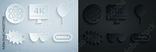 Set Comedy and tragedy theatrical masks, Balloon with ribbon, Bang boom text speech bubble balloon, Cinema poster design template, Computer PC monitor 4k video technology and Film reel icon. Vector