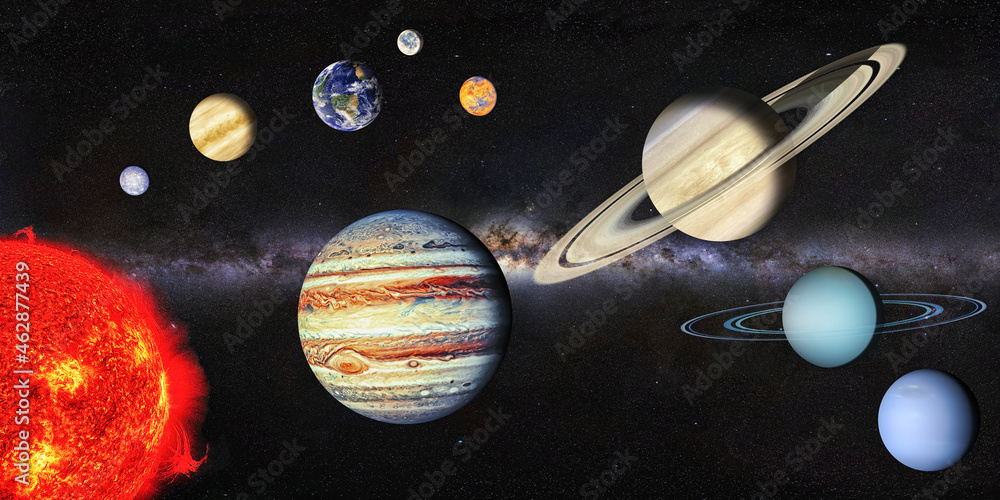Solar System illustration with the Sun 8 planets and the Moon Stock