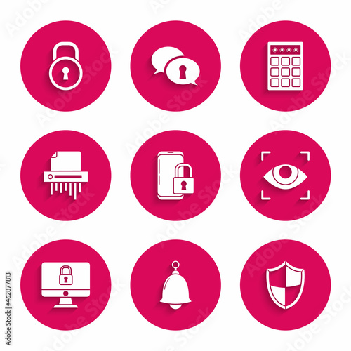 Set Smartphone with closed padlock, Ringing bell, Shield, Eye scan, Lock computer monitor screen, Paper shredder confidential, Password protection and safety access and icon. Vector