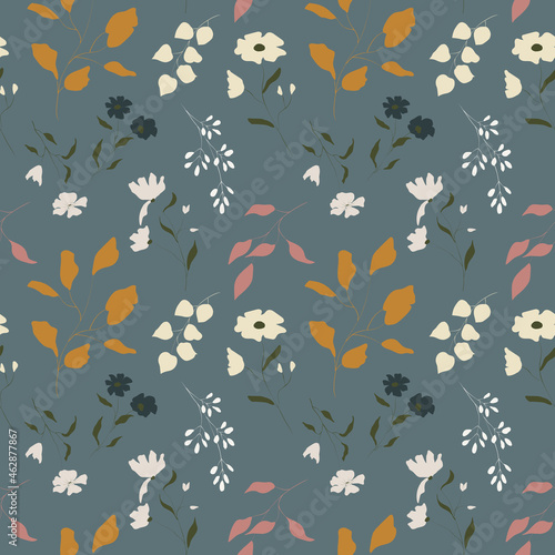 Botanical floral seamless pattern. Hand-drawn meadow flowers and leaves on a blue background perfect for scrapbooking  greeting cards  wrapping paper