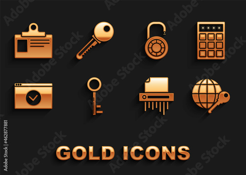 Set Key, Password protection and safety access, Globe key, Paper shredder confidential, Secure your site with HTTPS, SSL, Safe combination lock wheel, Identification badge and icon. Vector