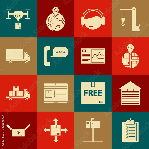 Set Verification of delivery list clipboard, , Support operator in touch, Telephone with speech bubble chat, Delivery cargo truck vehicle, drone the package and Postcard icon. Vector