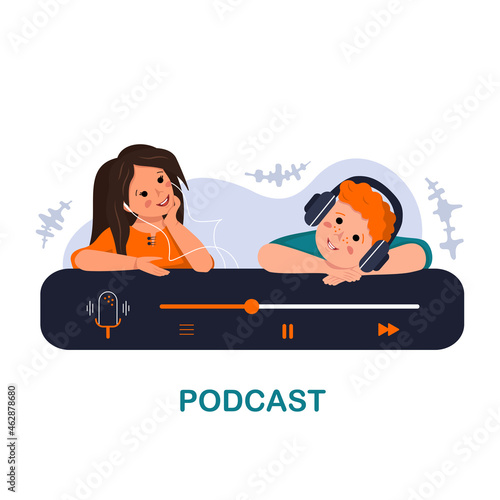  Boy and girl with happy face listen podcast or music. Soundtrack recording. Children with headphones learn by listening audio. Modern system education for children in the Internet