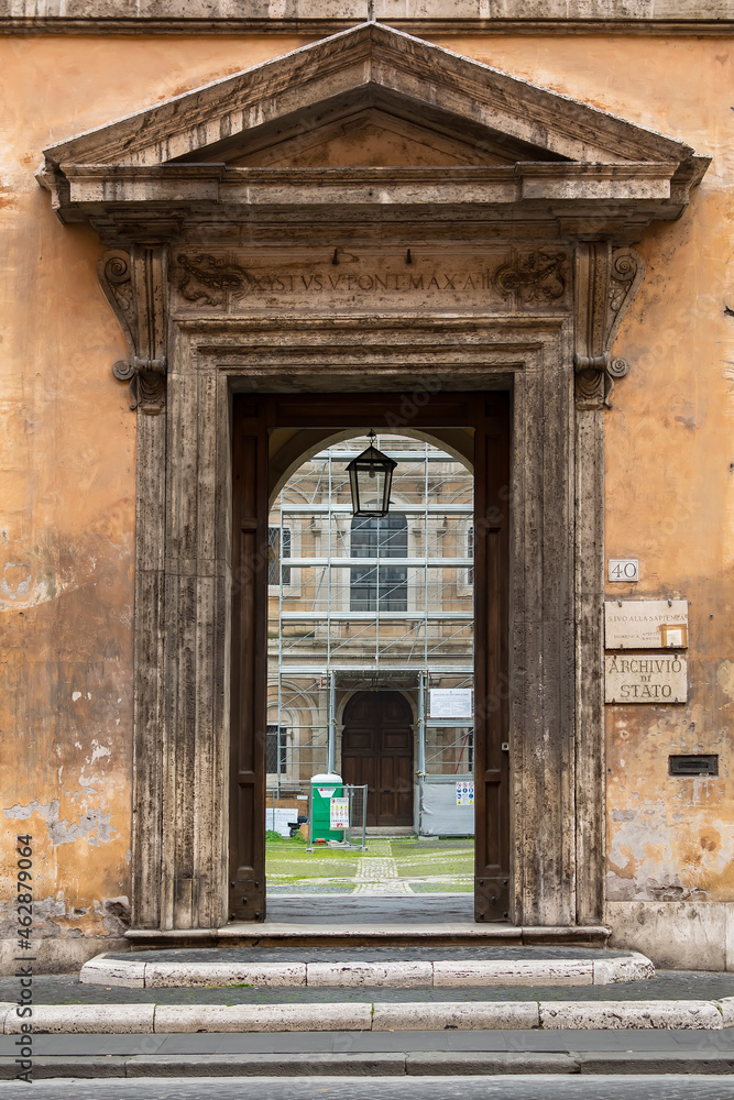Entrance door of the Archivio di Stato di Roma (Rome State Archives in Rome) in Corso del Rinascimento.