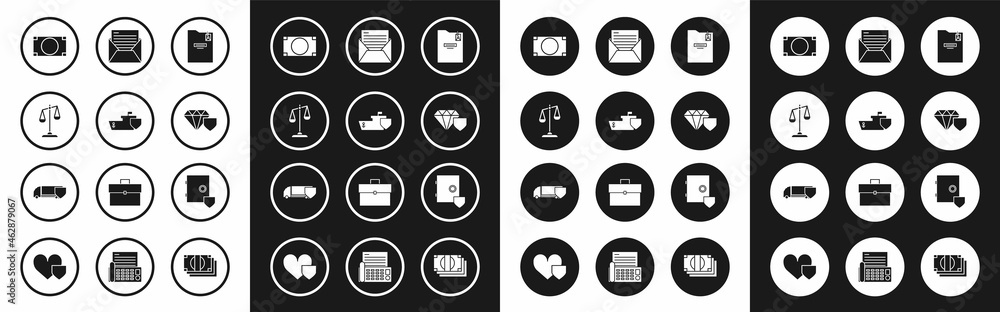 Set Personal folder, Ship with shield, Scales of justice, Stacks paper money cash, Diamond, Mail and e-mail, Safe and Delivery cargo truck icon. Vector
