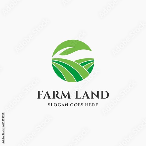 Farmland logo template design vector. Sprout leaf growing in the farm land soil vector icon logo design for agriculture, food crop, hydroponic nursery and farm business.