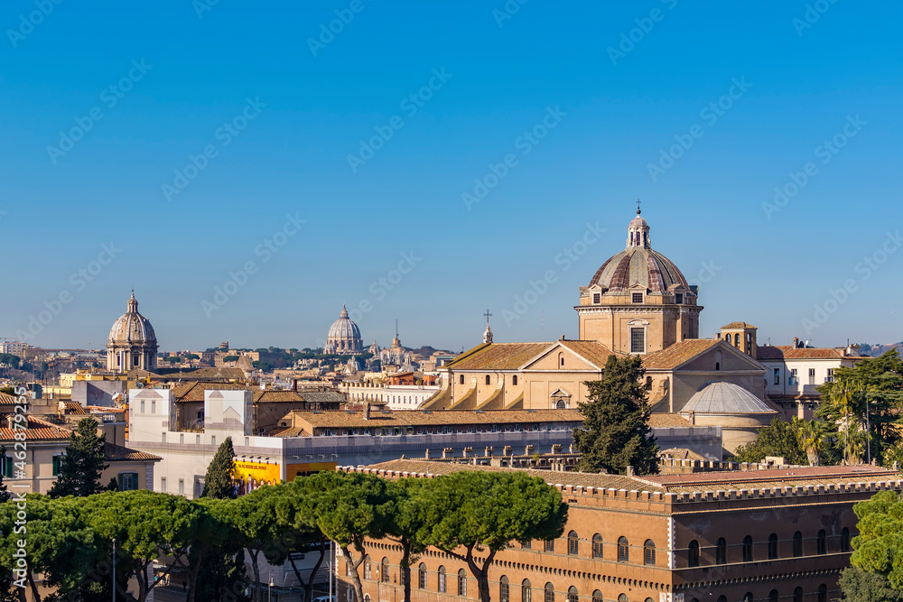 A view of Rome  as seen from the Altare della Patria (Altar of the Fatherland) with Building of Insurance Company and Jesus church in background