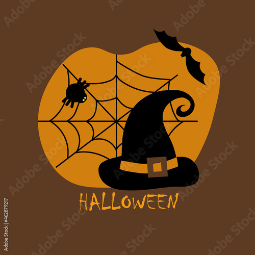 Black hat of a witch in the web. Halloween holiday. Spider and bat on an orange background. Create a postcard, poster, or flyer. Flat illustration.