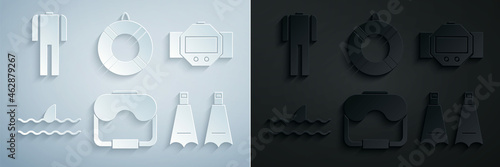 Set Diving mask, watch, Shark fin ocean wave, Rubber flippers for swimming, Lifebuoy and Wetsuit scuba diving icon. Vector