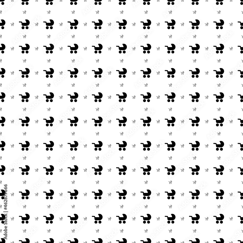 Square seamless background pattern from black baby carriage symbols are different sizes and opacity. The pattern is evenly filled. Vector illustration on white background