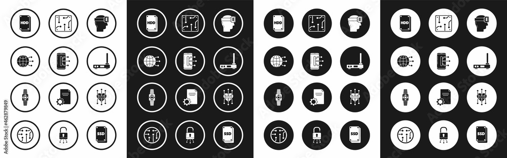 Set Virtual reality glasses, Smartphone, mobile phone, Global technology or social network, Hard disk drive HDD, Router and wi-fi signal, Processor, and Smartwatch icon. Vector Set Virtual reality glasses, Smartphone, mobile phone, Global technology or social network, Hard disk drive HDD, Router and wi-fi signal, Processor, and Smartwatch icon. Vector