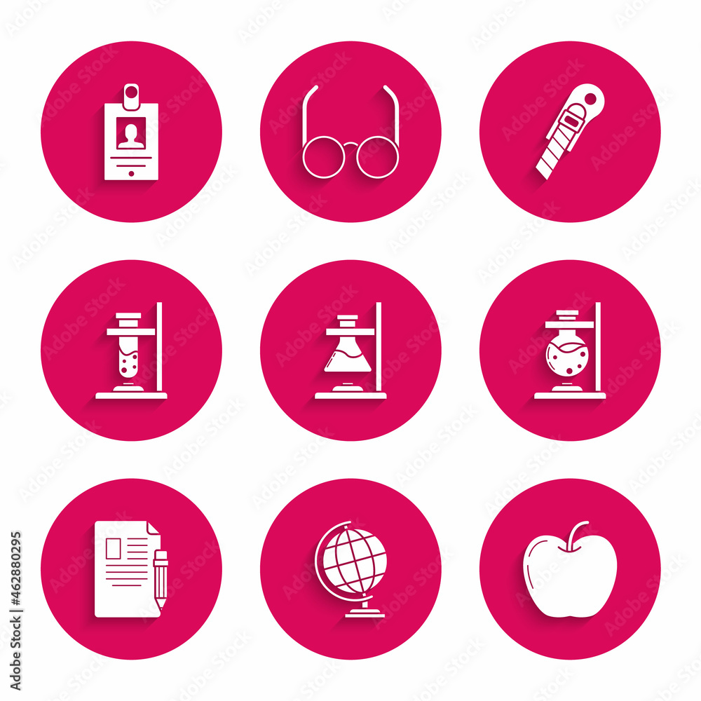 Set Glass test tube flask on fire, Earth globe, Apple, Exam sheet and pencil with eraser, Stationery knife and Identification badge icon. Vector Set Glass test tube flask on fire, Earth globe, Apple, Exam sheet and pencil with eraser, Stationery knife and Identification badge icon. Vector
