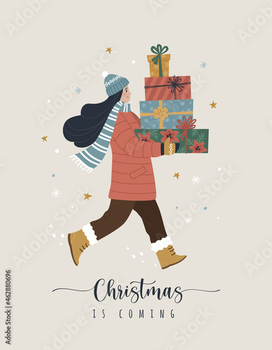 Christmas Is Coming greeting card. Vector illustration of young warm dressed cartoon woman carrying a pile of  wrapped gifts. Isolated on background