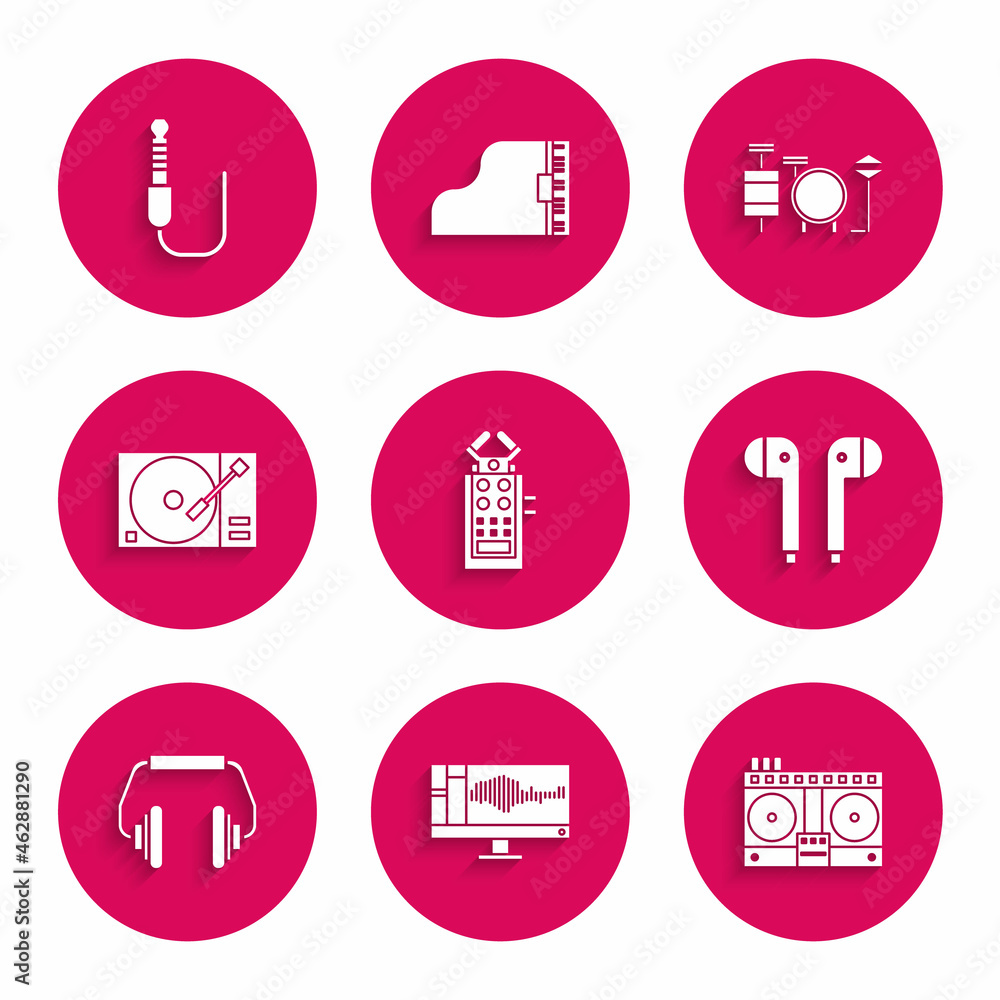 Set Microphone, Sound or audio recorder monitor, DJ remote for playing and mixing music, Air headphones, Headphones, Vinyl player with vinyl disk, Drums and Audio jack icon. Vector Set Microphone, Sound or audio recorder monitor, DJ remote for playing and mixing music, Air headphones, Headphones, Vinyl player with vinyl disk, Drums and Audio jack icon. Vector