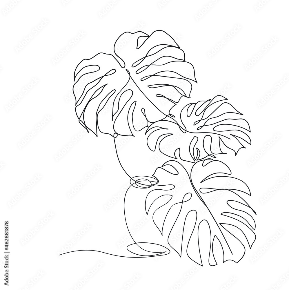 Abstract Monstera leaves with a clean pot one line drawing art ...