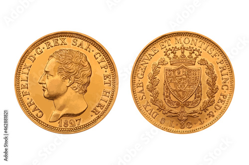 Gold coin. Italy.  Sardinia.  80 Lire 1827 Vector illustration.