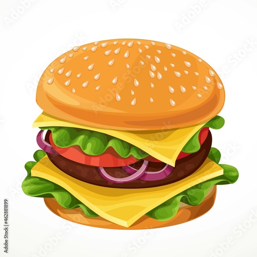 Vector hamburger with cutlet, cheese, green lettuce, tomato and onion rings isolated on a white background