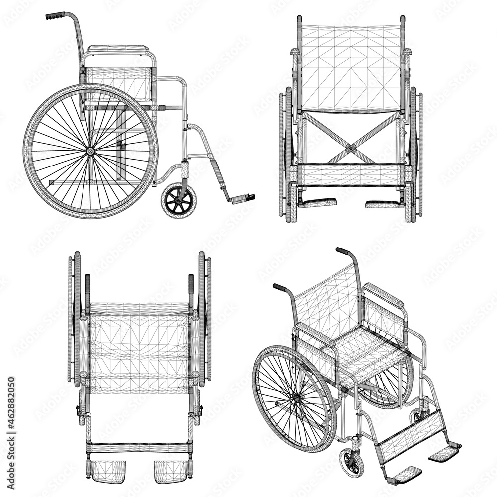 Set with wheelchairs wireframes isolated on white background. Isometric view, front, top, side. 3D. Vector illustration