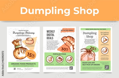 Collection frozen dumpling online shop poster vector engraved illustration