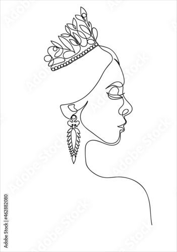 Girl face with a tiara and diamond earrings with  continuous line drawing. Abstract minimal woman portrait, fashion concept, woman beauty minimalist, slogan design print graphics style,vector illustra