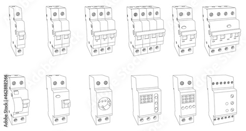 Vector set of switchboard elements for fuse control box - safety circuit breaker, relay, residual current circuit breaker